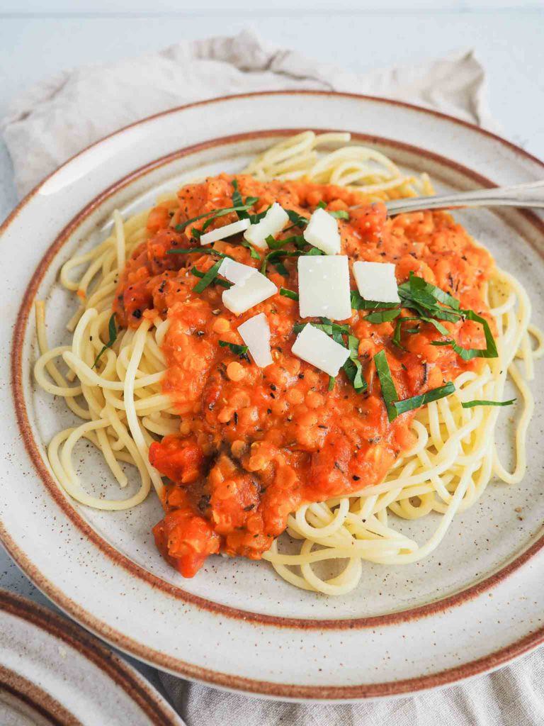 spaghetti med røde linser